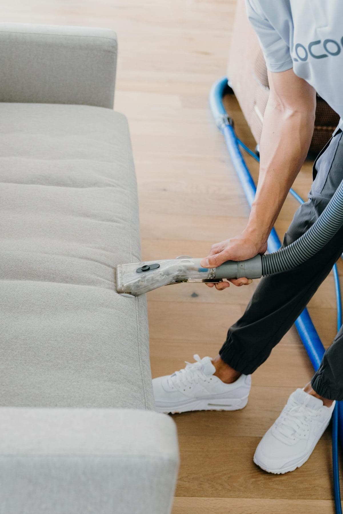 Coconut technician cleaning a gray sofa with an upholstery tool